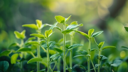 Obraz premium Green Young Plants Growing With Green Leaves And Bokeh Background