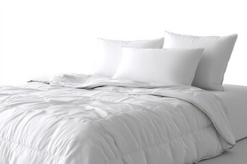 Obraz premium Crisp white bedding creates a serene and inviting atmosphere in this bedroom. The comforter's texture adds visual interest to the minimalist design.