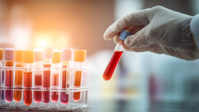 Laboratory analysis of blood samples in test tubes for medical research, diagnosis, and healthcare. Health analysis.
