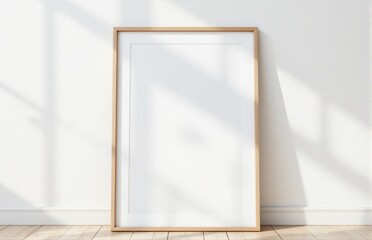 Minimalist A3 poster mockup with thin frame, standing on the wall. Natural lighting creates soft shadows for a modern and clean design. Perfect for branding or marketing