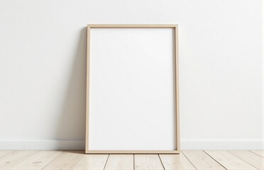 Minimalist A3 poster mockup with thin frame, standing on the wall. Natural lighting creates soft shadows for a modern and clean design. Perfect for branding or marketing