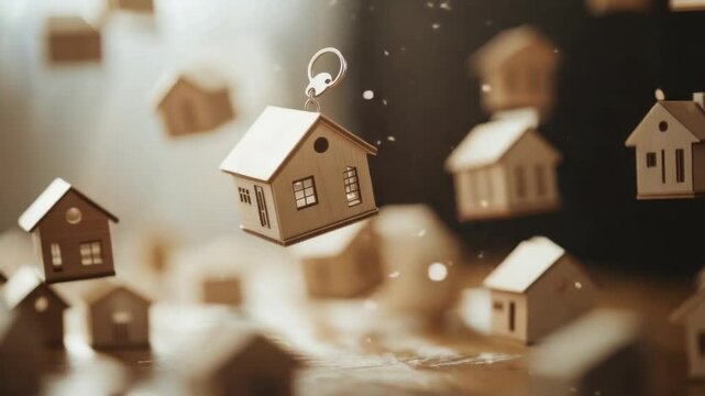 Homeownership Dreams: Miniature houses and keychains float in a mesmerizing display, symbolizing the aspiration of owning a home and the keys to a better future.
