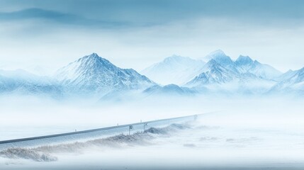 Serene journey through frosted railroad snowy mountains under cloudy skies tranquil winter landscape