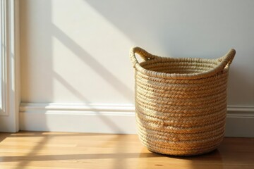 A stylish, modern litter basket made of woven seagrass sits on a polished wooden floor, ready for convenient waste disposal Ideal for homes, offices, or public spaces , neat, kitchen, tidy