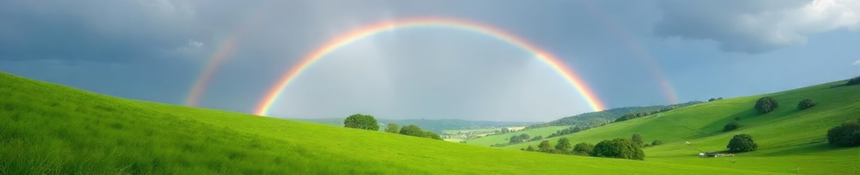 A vibrant rainbow arches gracefully over a tranquil landscape, casting colorful light on rolling hills and lush green fields Perfect for nature, weather, and environmental themes , vibrant, peaceful