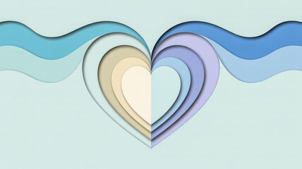 A minimalist paper art design featuring a layered heart shape with concentric rings against a light blue background.