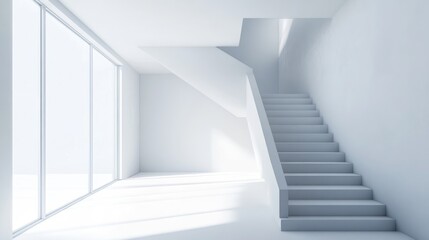 Fototapeta premium Modern Minimalist White Interior with Staircase and Large Window