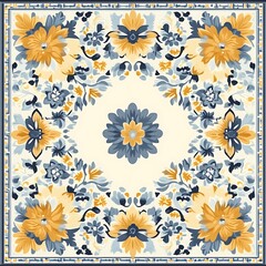 Ornate square floral pattern in blue and gold hues on cream background