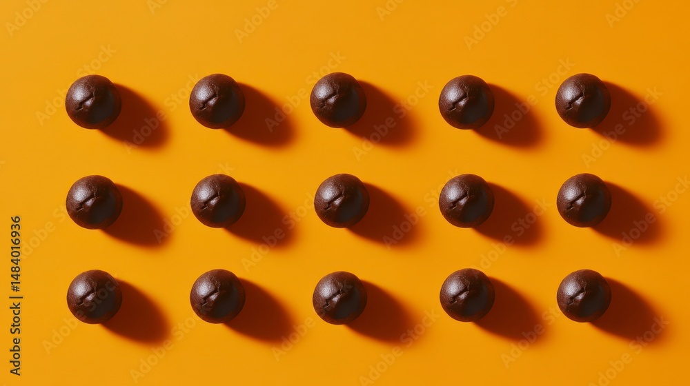 Poster Top view of  dark brown spheres arranged in neat rows against a vibrant orange background, creating a visually appealing pattern.