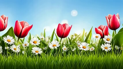 Vibrant red tulips and white daisies bloom in a lush green field under a clear blue sky - Powered by Adobe