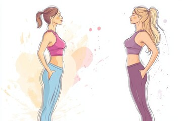 Two women in sportswear standing in profile with hands in pockets against a white background art style