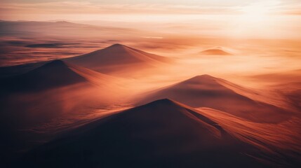 Majestic Sand Dunes Embrace Golden Sunset Hues in Panoramic Desert Landscape Aerial View Photography