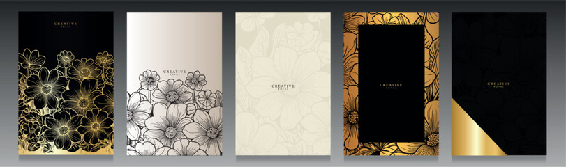 Elegant vector cover set featuring hand-drawn floral designs in black, gold, and cream tones. Perfect for luxury branding, packaging, invitations, cosmetics, and high-end editorial layouts.