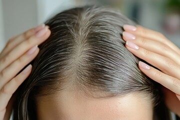 Obraz premium Close up of woman's graying hair with hands touching scalp showing root area and hair texture detail