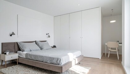 Fototapeta premium Modern bedroom with closet with desk, and and bed.