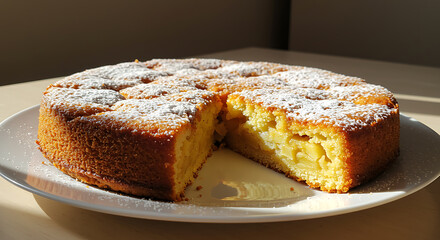 Delicious Apple Cake Slice with Powdered Sugar on White Plate Close Up