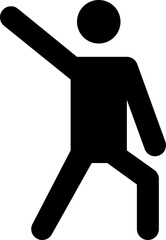 Black pictogram of a man standing with one leg flexed pointing upwards with one arm