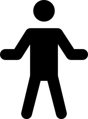 Black pictogram of a man with legs apart and two hands extended to the side in a hugging position