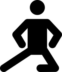 Black pictogram of a man kneeling on one knee and stretching and lengthening the other leg