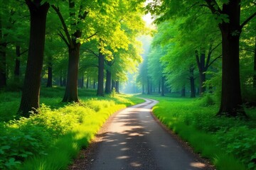 Sun dappled path winding through lush green forest park, sunlight streaming through leaves , flora, relaxing