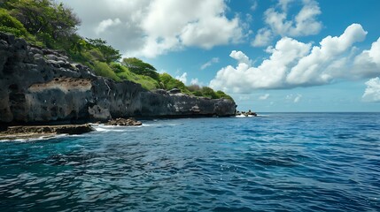 Fototapeta premium Ocean Meets Rocky Cliffs Under Blue Sky With White Clouds on Sunny Day
