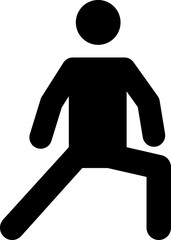 Black pictogram of a man stretching with one leg straight and the other bent
