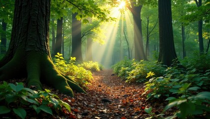 Obraz premium Sunlight dappled on the forest floor, showcasing rich textures of wood and leaves , scenic, ground, woodland