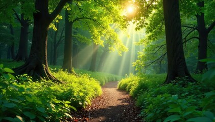 Obraz premium Sunlight dapples through the leaves of a lush, green forest, illuminating a tranquil path winding deeper into the woods A sense of peace and adventure hangs in the air , canopy, woodland, serene