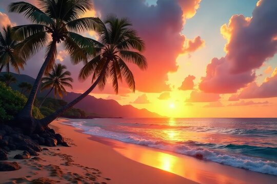 Fototapeta Tropical sunset over a Hawaiian beach, palm trees swaying gently in the warm breeze, creating a serene and idyllic island paradise scene , vacation getaway, evening