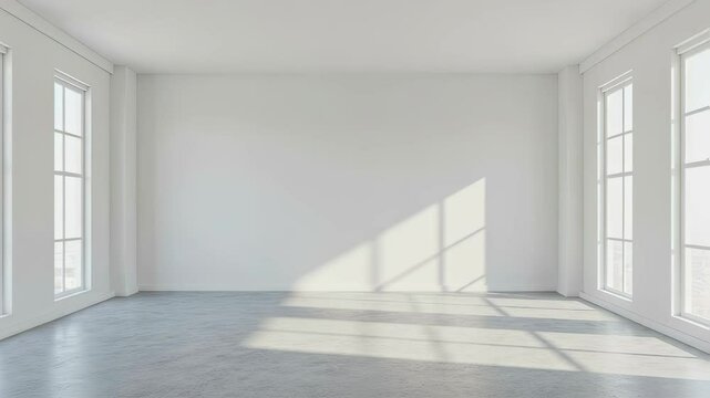 Empty white room with sunlight streaming through windows. Minimalist interior design concept for modern home, office, Cloud dancer - color 2026