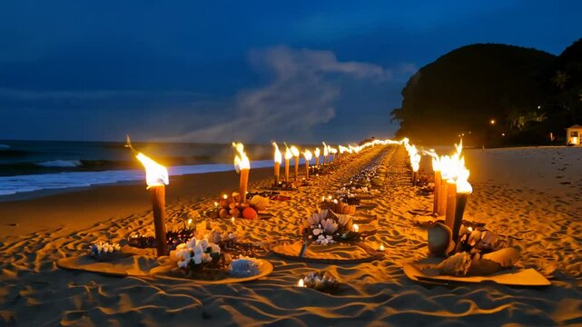 camera pans across tiki torches with flickering flames on a moonlit beach, seashells and driftwood on sand during a midsummer celebration atmosphere