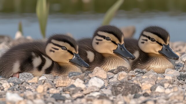 Three Adorable Mallard Ducklings Huddled Together on Pebbles