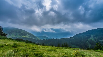 Naklejka premium Overcast Mountain Landscape with Dramatic Clouds and Lush Green Vegetation