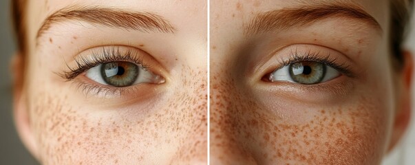 Close up of face with freckles and green eyes in a split screen comparison of skin conditions
