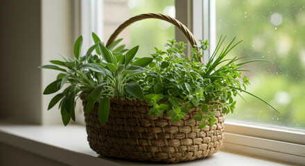 Fresh Herbs Arrangement In Woven Basket By Window Sunlight
