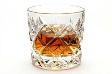 A close up shot of a glass filled with a brown liquid against a white background in a studio setting