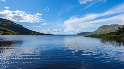 Panoramic View of Lake Water Surrounded by Green Hills Under Blue Sky
