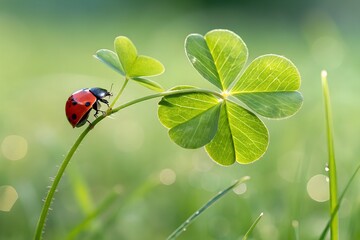 Lucky Ladybug on Clover: A vibrant ladybug, a symbol of good fortune, delicately rests on a four-leaf clover, embodying hope and luck. A serene moment captured in the heart of nature.