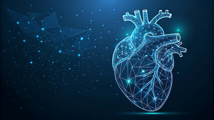 Human heart wireframe. World heart day concept. Banner template glowing low poly. Futuristic modern abstract. Isolated on dark background. Vector illustration.
