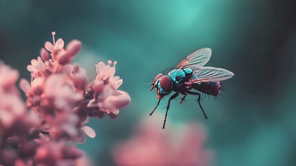 Fototapeta premium Vibrant Green Fly Near Pink Flower Macro Photography