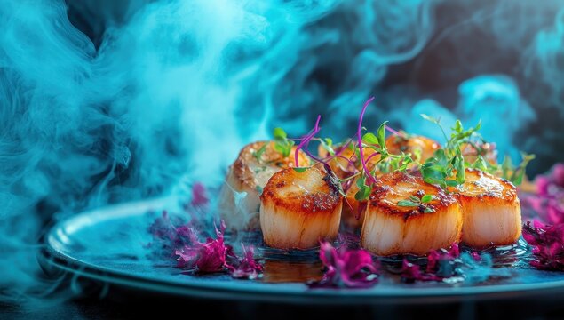 Seared scallops with purple garnish, smoky ambiance