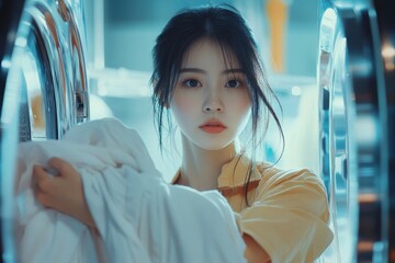 Portrait of a young woman holding white laundry in front of a washing machine in a laundry room