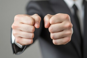 Close up of two clenched fists held forward by a man in a suit against a gray background studio shot