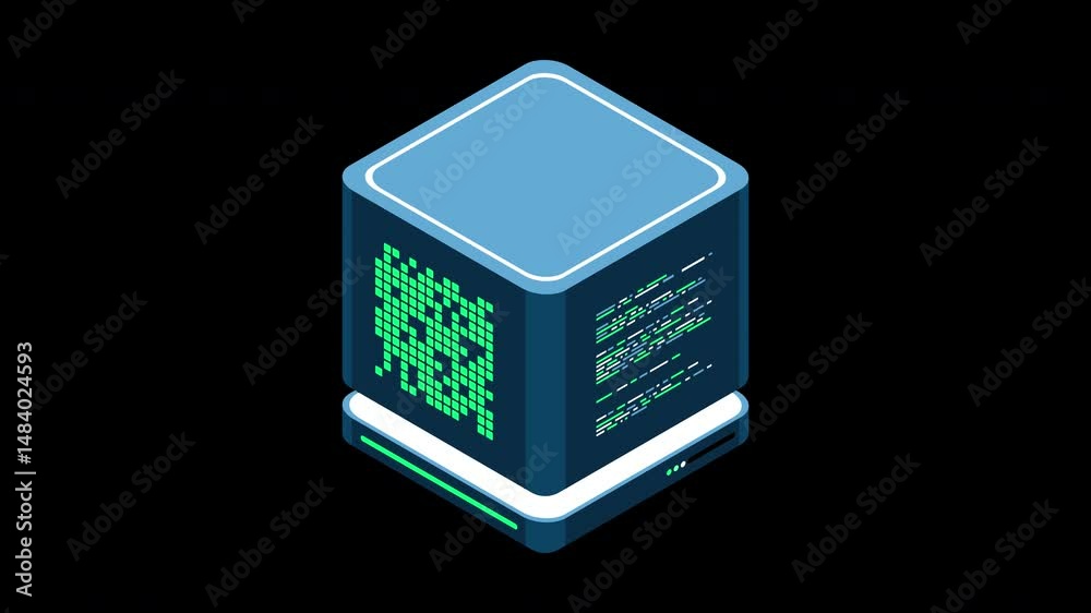 Poster Isometric futuristic server animation. Isometric database or data center. Abstract blockchain. Computer storage. Cloud storage. Transparent background with alpha channel