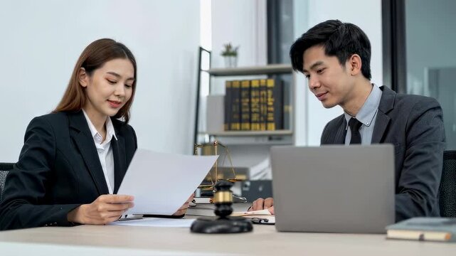 Legal consultancy concept. Business woman lawyer attorney showing document to man client providing advisory services, professionals discussing tax papers working in office at meeting