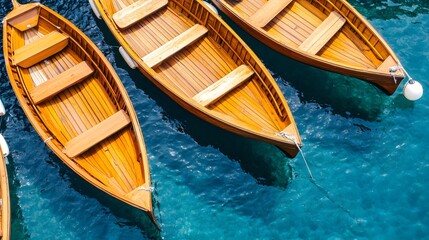 Obraz premium Wooden Rowboats on Calm Turquoise Water Summer Vacation Boats