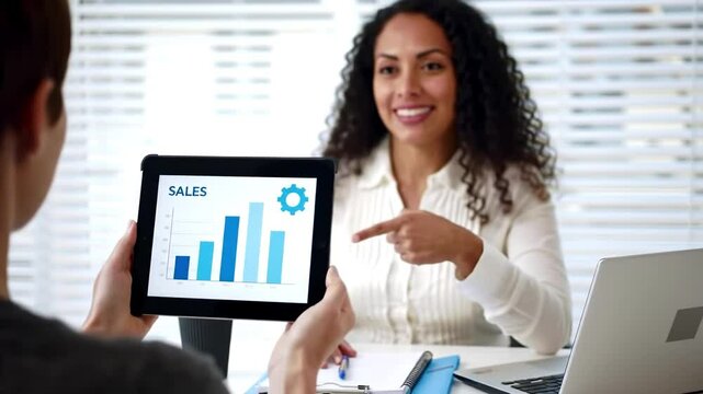 In a modern office, a professional discussion unfolds as one person presents a sales performance chart on a tablet, while another listens attentively, enhancing business strategies