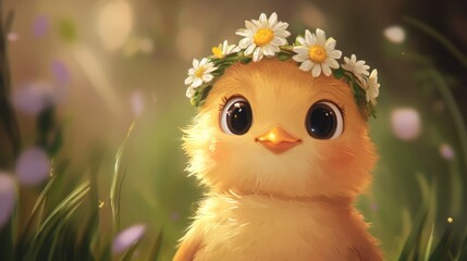 Smiling chick with a crown of daisies and roses, soft colors generative ai