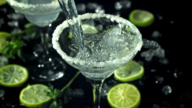 A margarita cocktail is poured into a glass. Filmed on a high-speed camera at 1000 fps. High quality FullHD footage