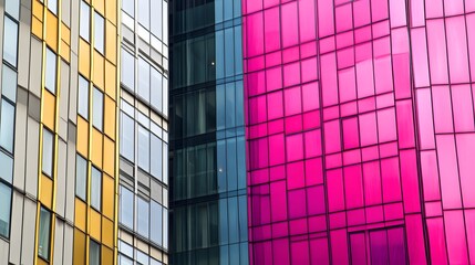Fototapeta premium Abstract Modern Building Facade Geometric Design Gold Pink and Glass Windows